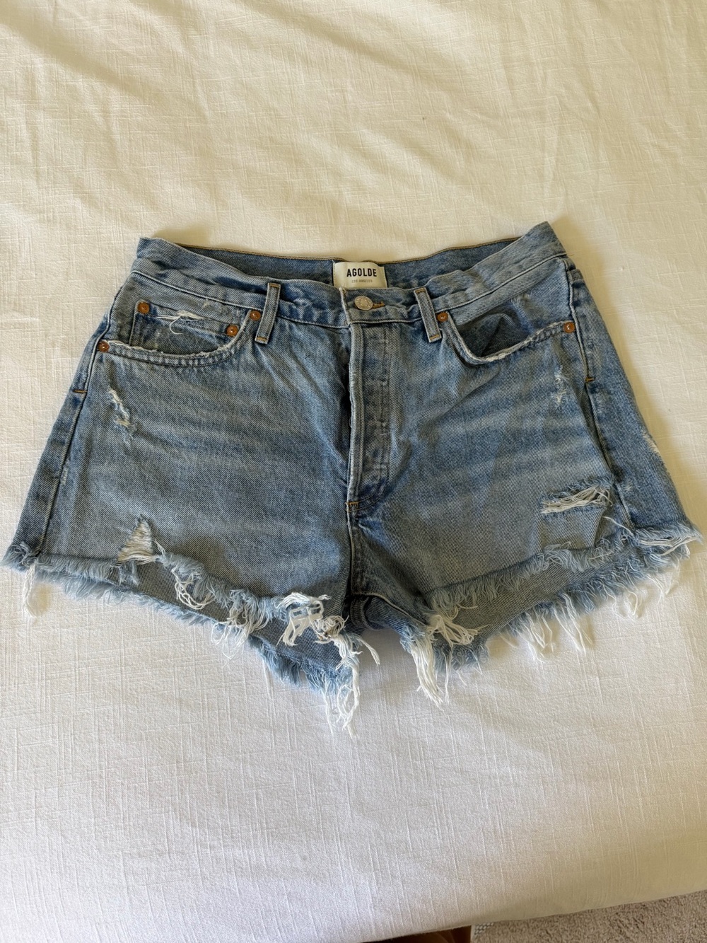 AGOLDE Parker Light Blue Distressed Denim Shorts